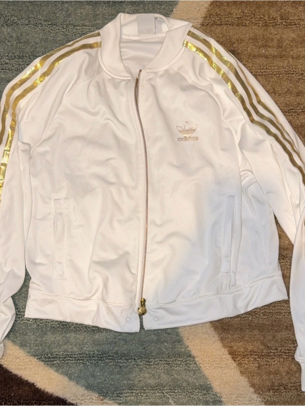 adidas White Track Jacket with Gold Stripe Accents